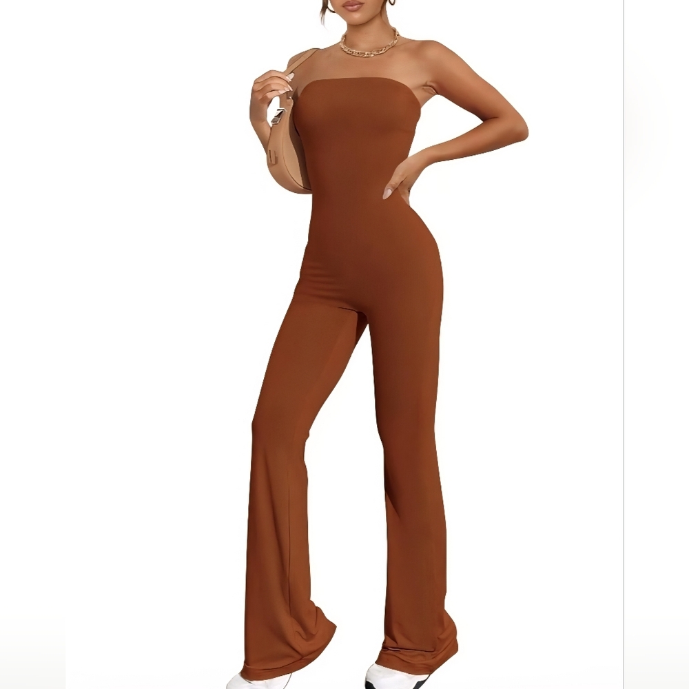 PRETTYGARDEN Tube Bodycon Jumpsuit Dressy Casual Ribbed Flare